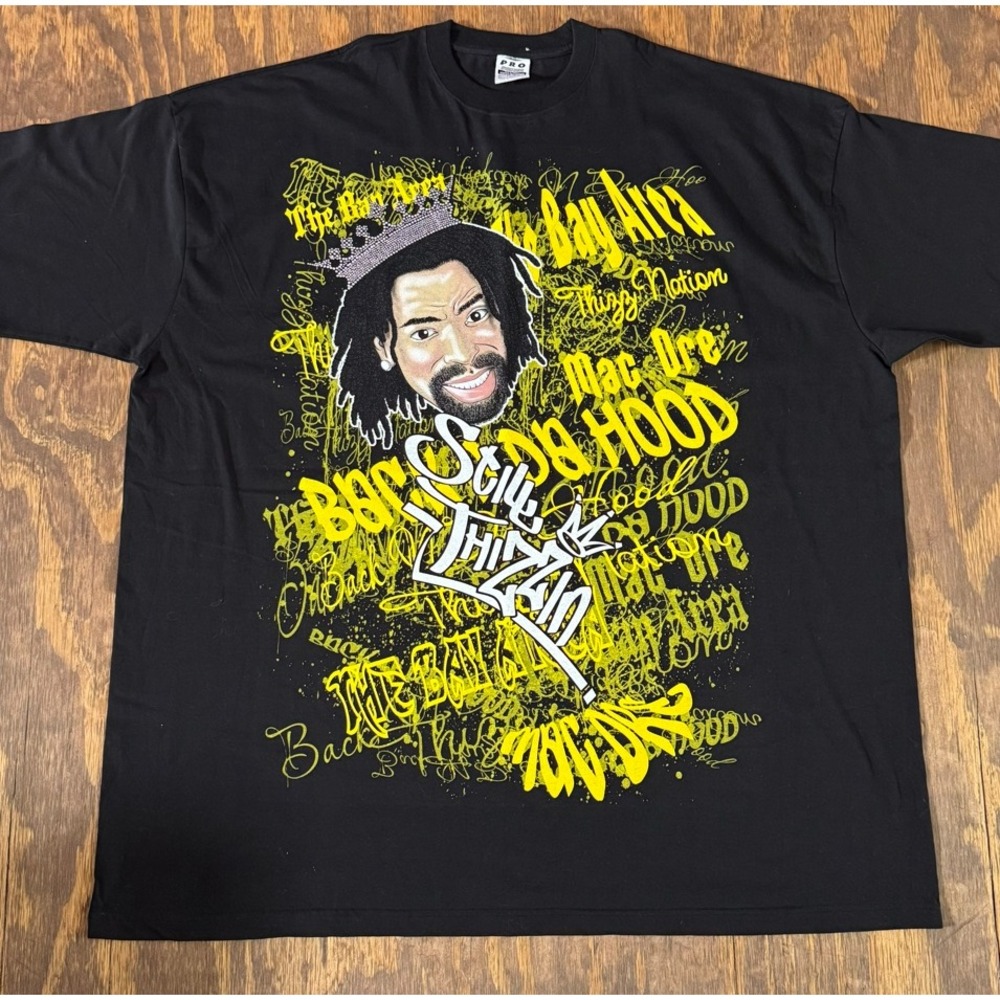 Mac Dre Thizz Nation Graphic Tee Men's 4XL Black Yellow Rhinestone Crown NWOT